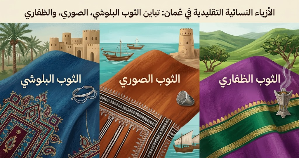 الأزياء النسائية التقليدية في عُمان: تباين الثوب البلوشي، الصوري، والظفاري