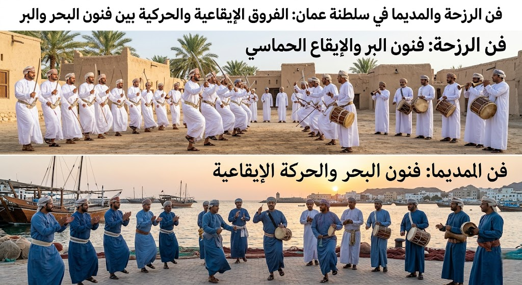 فن الرزحة والمديما: الفروق الإيقاعية والحركية بين فنون البحر والبر