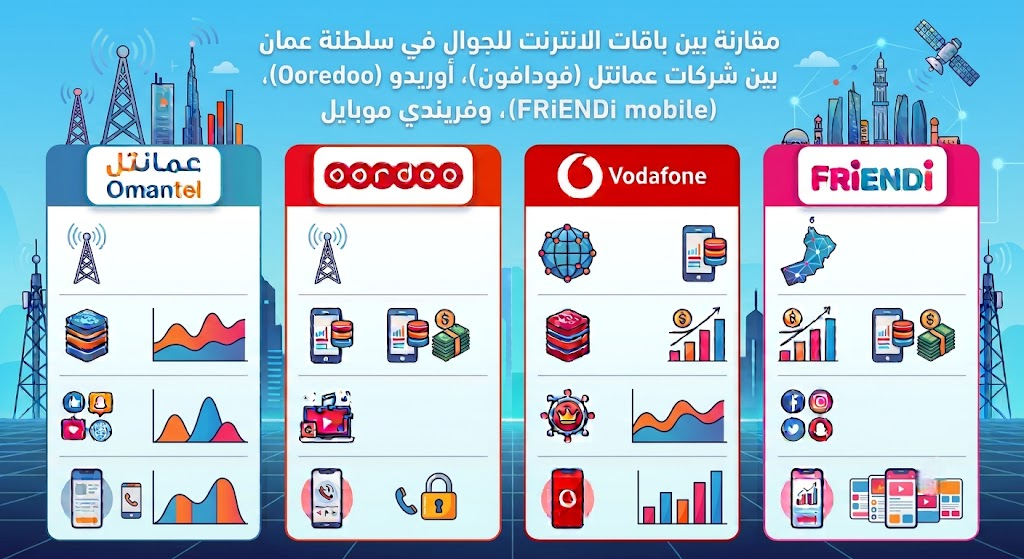 مقارنة بين باقات الانترنت للجوال في سلطنة عمان بين شركات عمانتل (Omantel)، أوريدو (Ooredoo)، فودافون (Vodafone)، وفريندي موبايل (FRiENDi mobile)