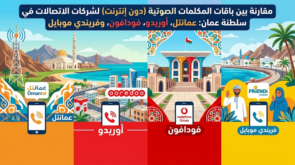 مقارنة بين باقات المكالمات الصوتية (دون إنترنت) لشركات الاتصالات في سلطنة عمان: عمانتل، أوريدو، فودافون، وفريندي موبايل